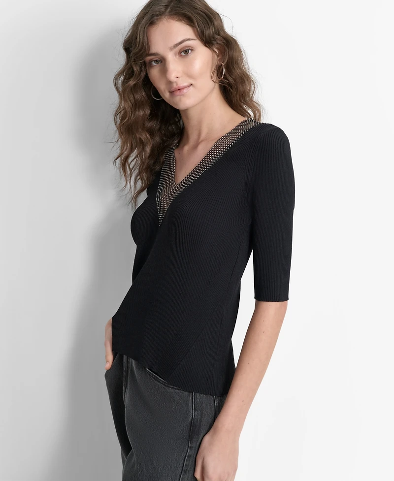 Dkny Women's Embellished-Neck Half-Sleeve Ribbed Sweater