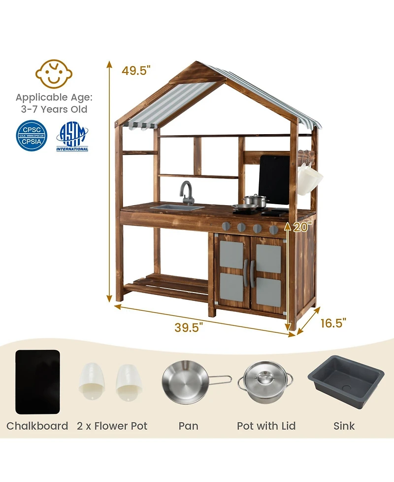 Kid's Mud Kitchen Outdoor Solid Wood Mud Kitchen with Canopy-Natural