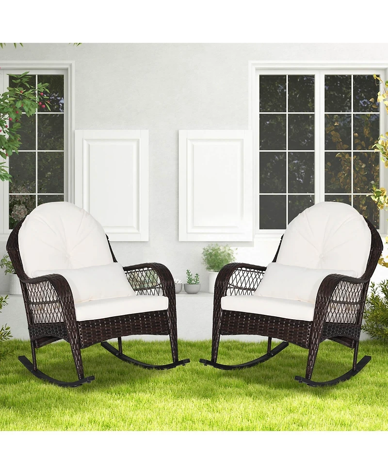 Sugift Patio Rattan Rocking Chair with Seat Back Cushions and Waist Pillow