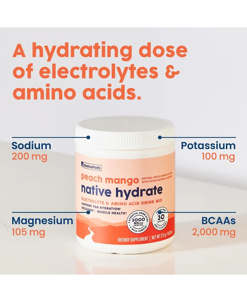 NativePath Native Hydrate, Zero Sugar, Electrolytes Powder with BCAAs, Peach Mango Hydration Powder, Keto & Paleo Friendly, 30 Servings