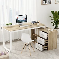 Famapy 55.1 in. L-Shaped Brown Wood Computer Desk Writing Office Executive W/Removable Tabletop, Shelves, 3-Drawers