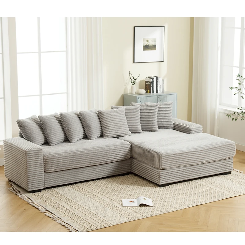 Streamdale Furniture Cozy Grey Corduroy L-Shaped Sofa with Chaise, Armrests, and Pillows