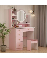 Famapy Light Mirror 5-Drawers White Makeup Vanity Set Dressing Desk