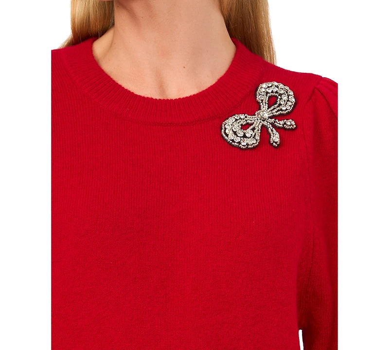 CeCe Women's Rhinestone Bow Crew Neck Sweater