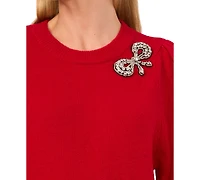 CeCe Women's Rhinestone Bow Crew Neck Sweater