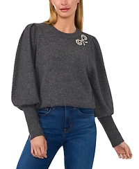 CeCe Women's Rhinestone Bow Crew Neck Sweater