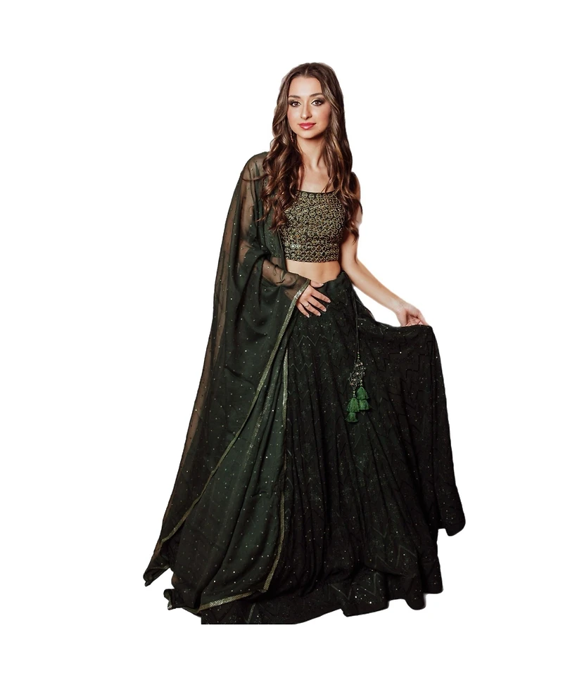 Raas Women's Green Lehenga with Chikankari Embroidery and Hand Embroidered Blouse with Mirror Work