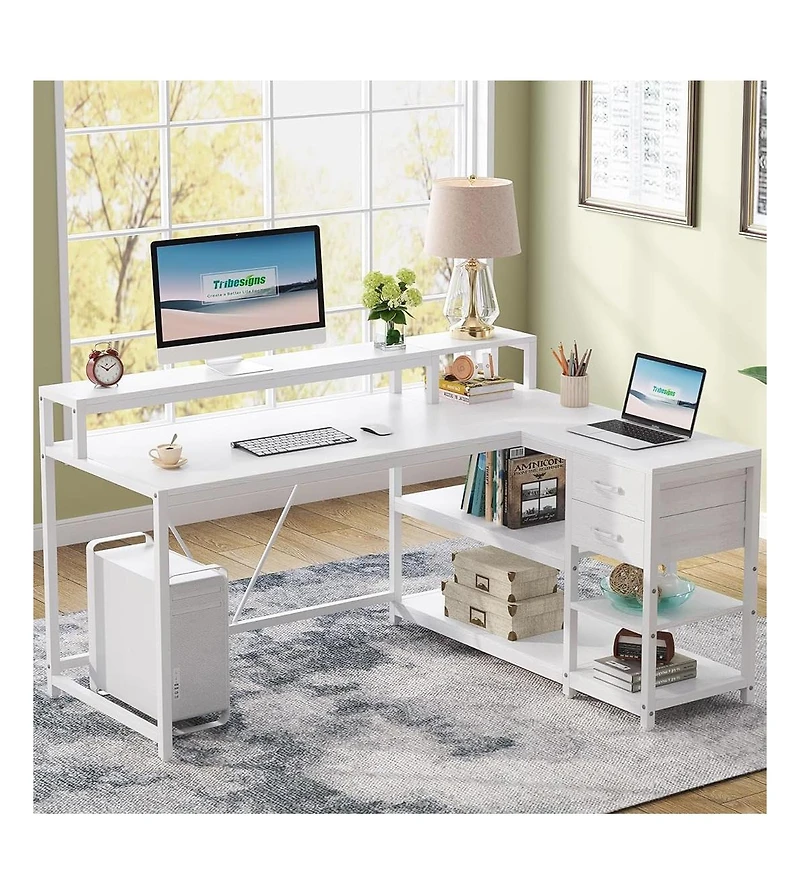 Tribesigns 55-inches Reversible L Shaped Desk with Drawer, Modern White Corner Home Office Table, Wooden and Metal Pc