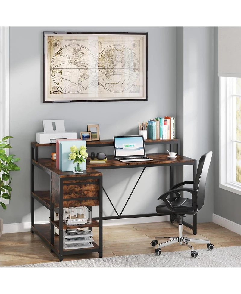 Tribesigns 55-inches Reversible L Shaped Desk with Drawer, Modern White Corner Home Office Table, Wooden and Metal Pc