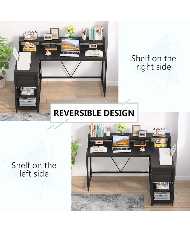 Tribesigns 55-inches Reversible L Shaped Desk with Drawer, Modern White Corner Home Office Table, Wooden and Metal Pc