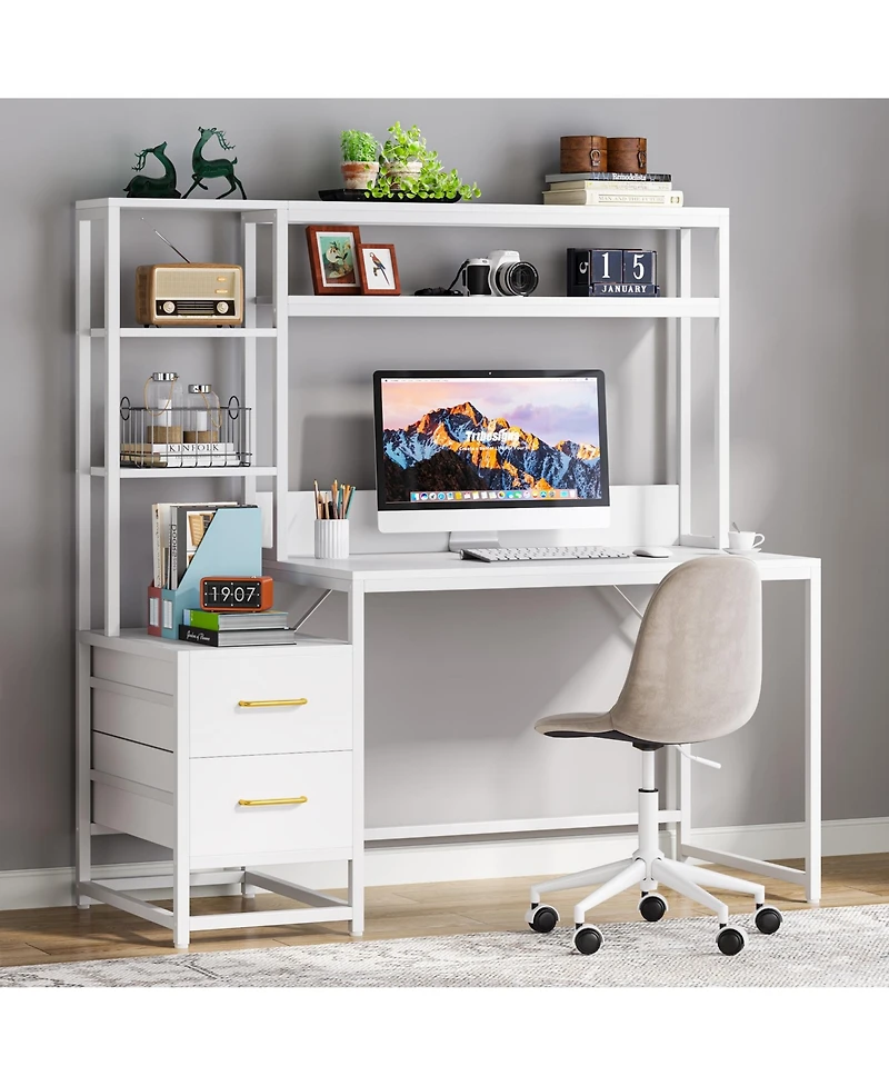 Tribesigns 55 Inch Computer Desk with 2 Drawers and Storage Shelves, Rustic Office Desk with Hutch, Study Writing Gaming Table Laptop Workstation