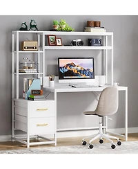 Tribesigns 55 Inch Computer Desk with 2 Drawers and Storage Shelves, Rustic Office Desk with Hutch, Study Writing Gaming Table Laptop Workstation