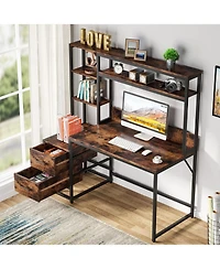 Tribesigns 55 Inch Computer Desk with 2 Drawers and Storage Shelves, Rustic Office Hutch, Study Writing Gaming Table Laptop Workstation