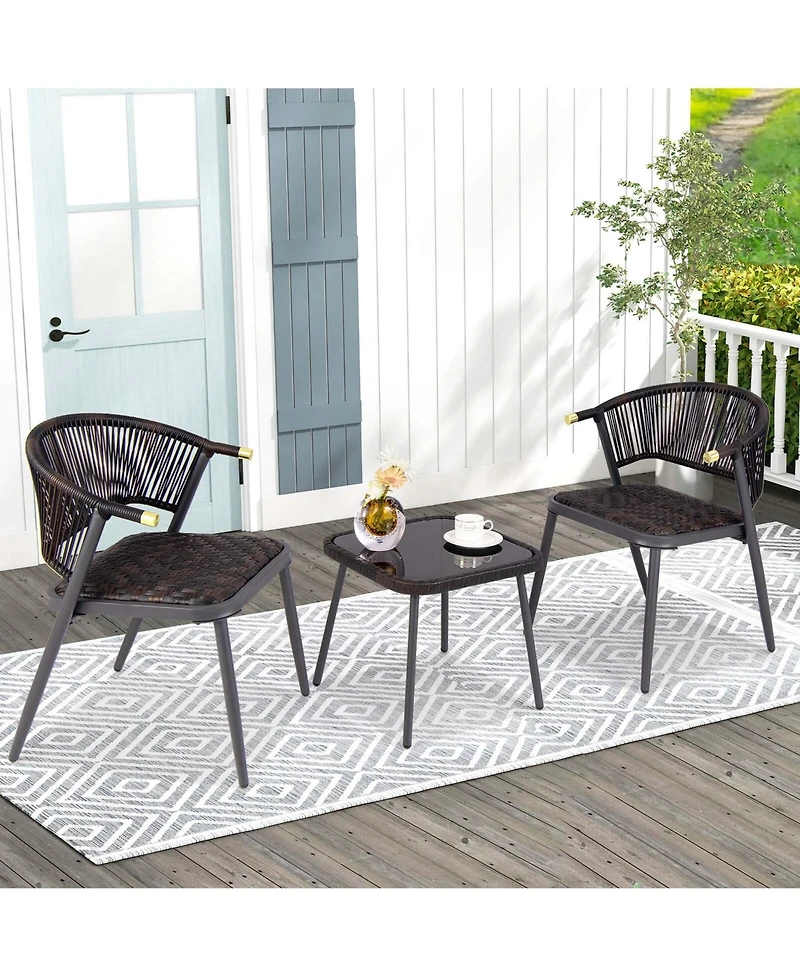 3 Pcs Patio Rattan Furniture Set with Tempered Glass Tabletop Wicker Seat