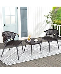 3 Pcs Patio Rattan Furniture Set with Tempered Glass Tabletop Wicker Seat