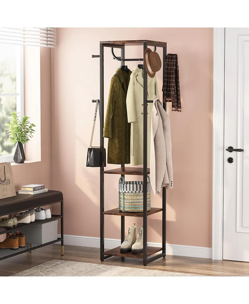 Tribesigns Coat Rack Freestanding with Shelves, Industrial Hall Tree with 4 Shelves and 8 Hooks, Standing Small Clothes Rack Closet Organizer