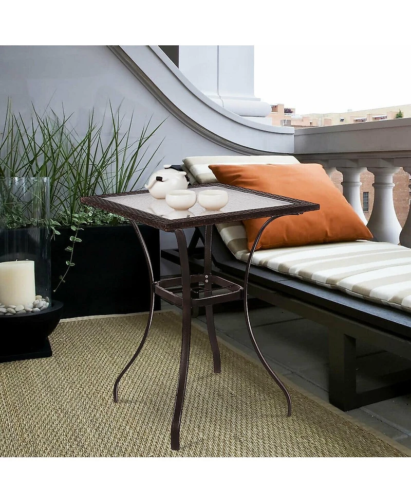 Sugift 28.5 Inch Outdoor Patio Square Glass Top Table with Rattan Edging
