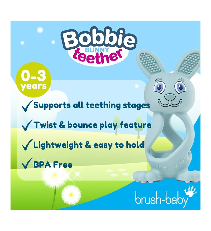 Brush-Baby Bobbie Bunny Baby Teether Toy Eucalyptus Green | Twist & Bounce Teething Toy