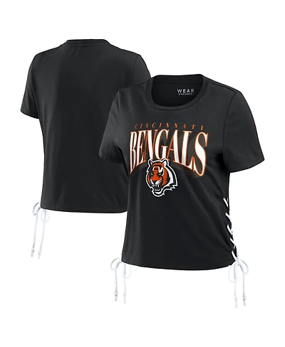Wear by Erin Andrews Women's Black Cincinnati Bengals Lace Up Side Modest Cropped T-Shirt