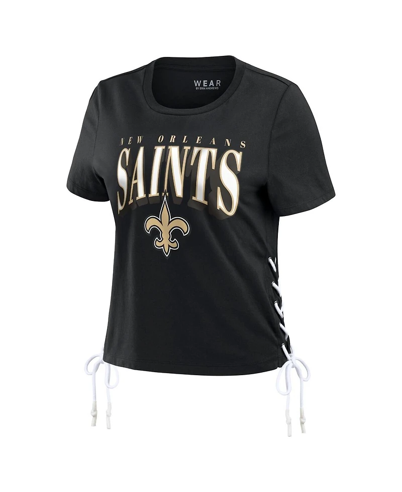 Wear by Erin Andrews Women's Black New Orleans Saints Lace Up Side Modest Cropped T-Shirt