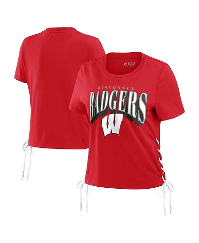 Wear by Erin Andrews Women's Red Wisconsin Badgers Side Lace-Up Modest Crop T-Shirt