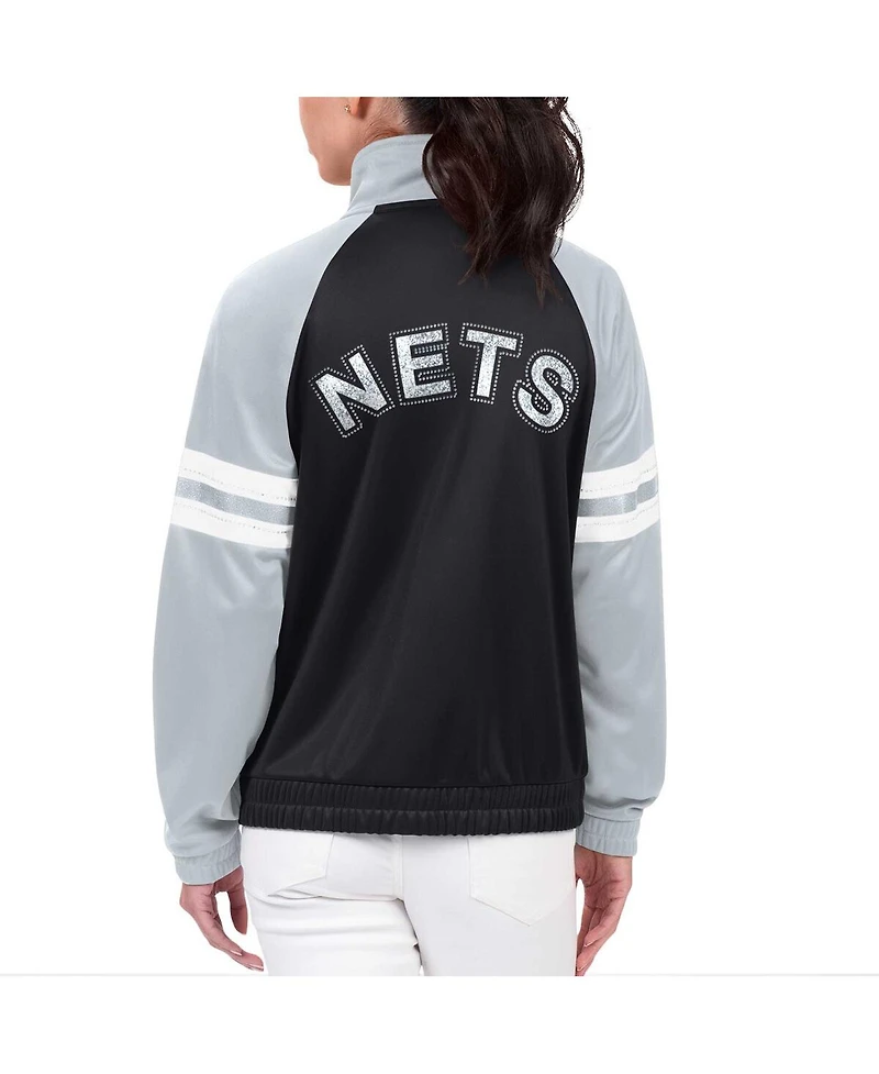 G-iii 4Her by Carl Banks Women's Black Brooklyn Nets Main Player Raglan Rhinestone Full-Zip Track Jacket