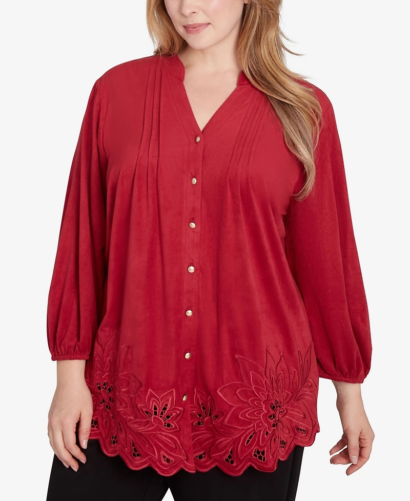 Ruby Rd. Plus Size Button Front Stretch Faux Suede Top with Cut Out Hem Detail