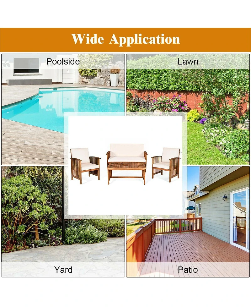 Inolait Sugift 4 Pieces Patio Solid Wood Furniture Set with Water Resistant Cushions