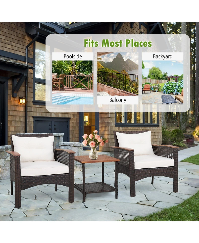 Vebreda 3 Pieces Patio Rattan Furniture Set with Acacia Wood Tabletop
