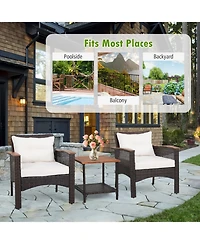 Vebreda 3 Pieces Patio Rattan Furniture Set with Acacia Wood Tabletop