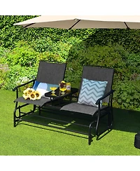 Sugift 2-Person Double Rocking Loveseat with Mesh Fabric and Center Tempered Glass Table