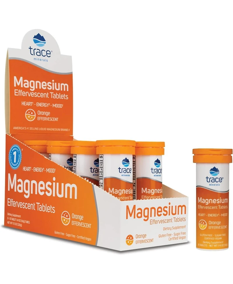 Trace Minerals | Magnesium Effervescent Tablets| No Allergies | Non-gmo, Gluten Free, Sugar-Free, Third Party Tested | Orange | 8 Tubes Contain 10 Tab