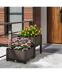 Skonyon 2 Set Elevated Plastic Raised Garden Bed Planter Kit for Flower Vegetable Grow-Brown