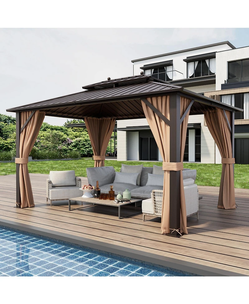 Sugift 10x13ft Double-Roof Patio Hardtop Gazebo with Galvanized Steel Roof Netting and Curtains-Coffee