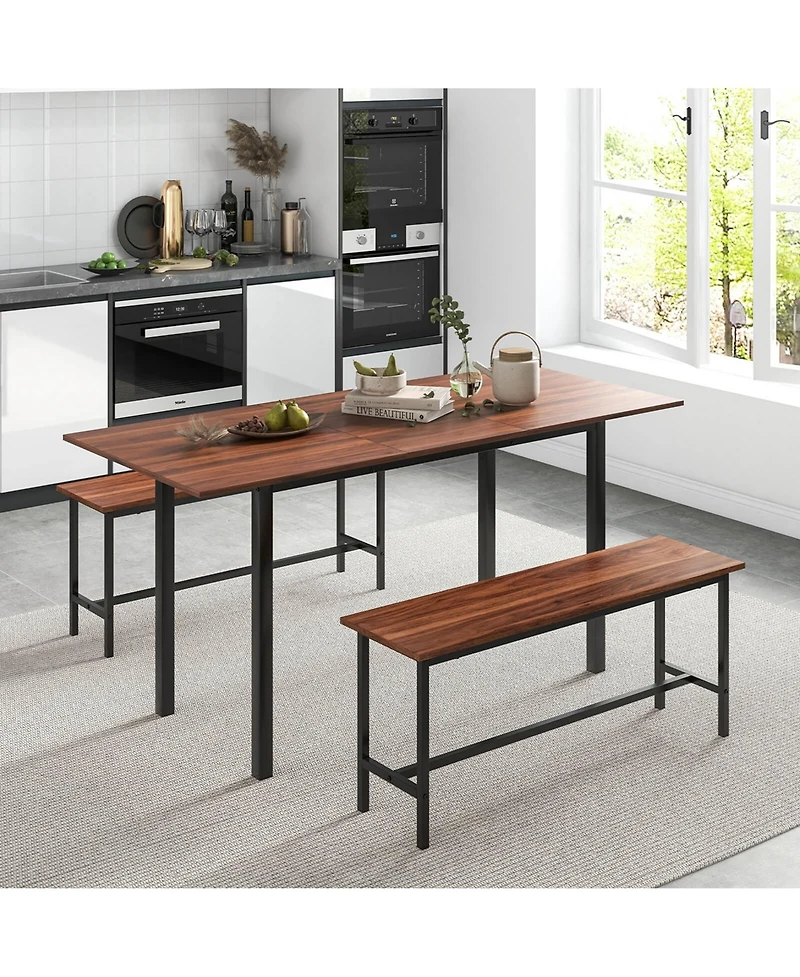 3 Piece Dining Table Set for 4-6 63"Kitchen Table with 2 Benches Metal Frame