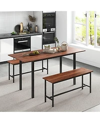 3 Piece Dining Table Set for 4-6 63"Kitchen Table with 2 Benches Metal Frame