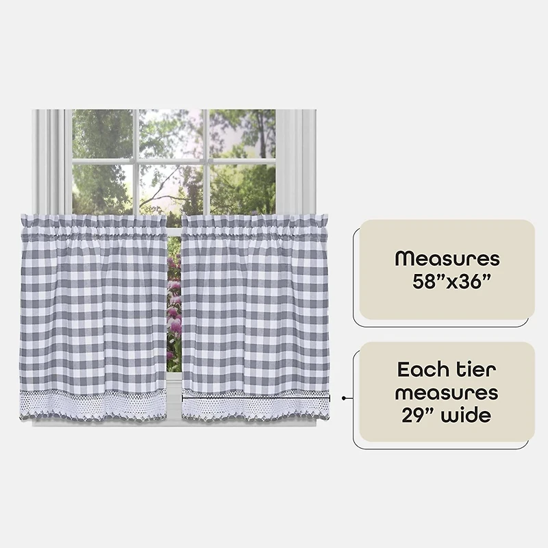 Kate Aurora 2 Piece Country Farmhouse Buffalo Plaid Rod Pocket Cafe Tier Curtain Panels With Macrame Border