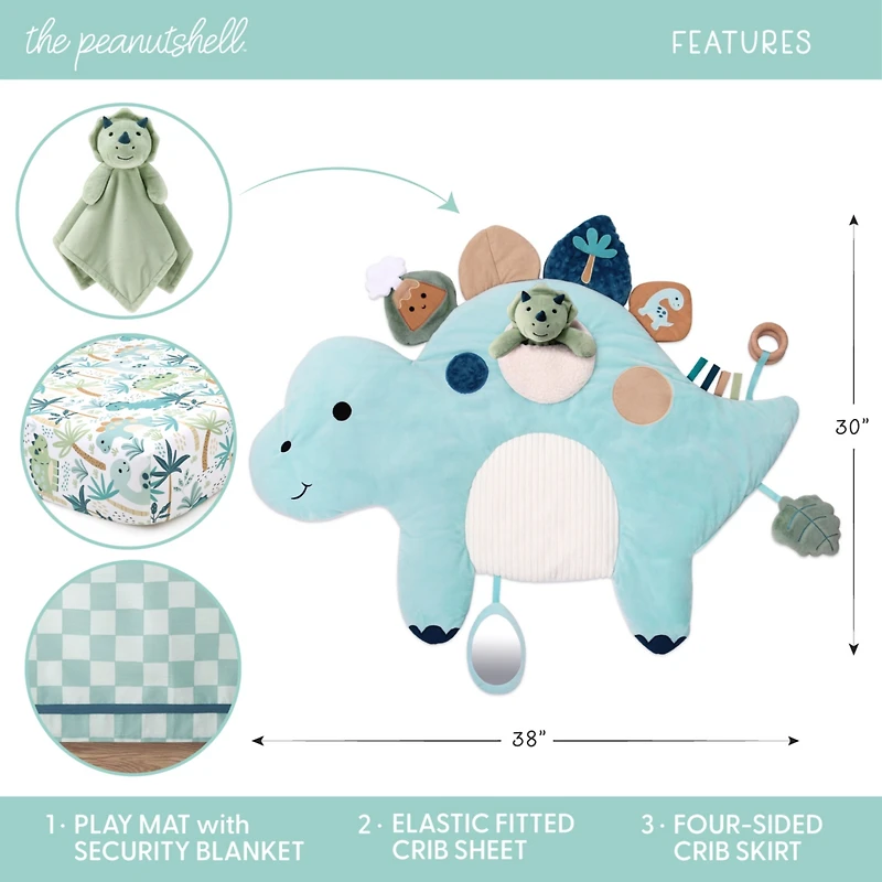 The Peanutshell Dino Tummy Time Mat and Security Blanket Crib Bedding Set, 4-Piece Set