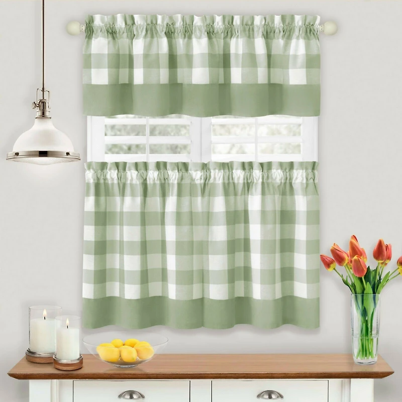 Kate Aurora Modern Country Farmhouse 3 Piece Plaid Checkered Cafe Kitchen Curtain Tier & Valance Set