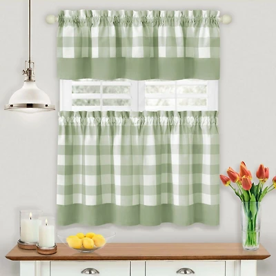 Kate Aurora Modern Country Farmhouse 3 Piece Plaid Checkered Cafe Kitchen Curtain Tier & Valance Set