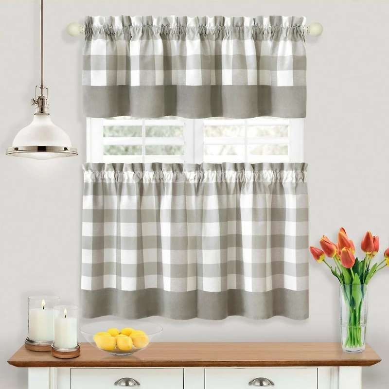 Kate Aurora Modern Country Farmhouse 3 Piece Plaid Checkered Cafe Kitchen Curtain Tier & Valance Set