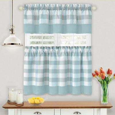 Kate Aurora Modern Country Farmhouse 3 Piece Plaid Checkered Cafe Kitchen Curtain Tier & Valance Set