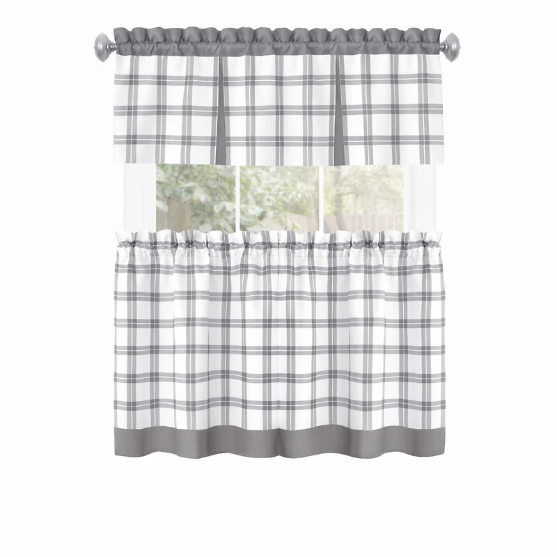 Kate Aurora Windowpane Plaid Country Farmhouse Kitchen Curtain Tier & Valance