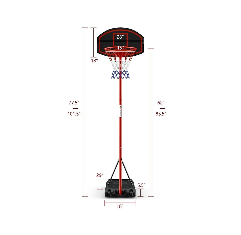 Adjustable Basketball Hoop System Stand Portable with 2 Wheels Fillable Base