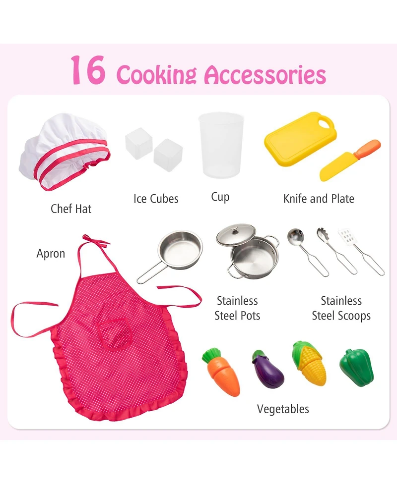 Pretend Play Kitchen for Kids with 16 Pieces Accessories