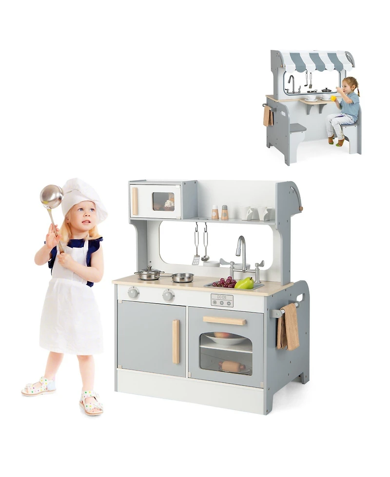Sugift Double Sided Kids Pretend Kitchen Playset with 2-Seat Cafe