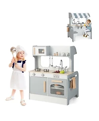 Sugift Double Sided Kids Pretend Kitchen Playset with 2-Seat Cafe