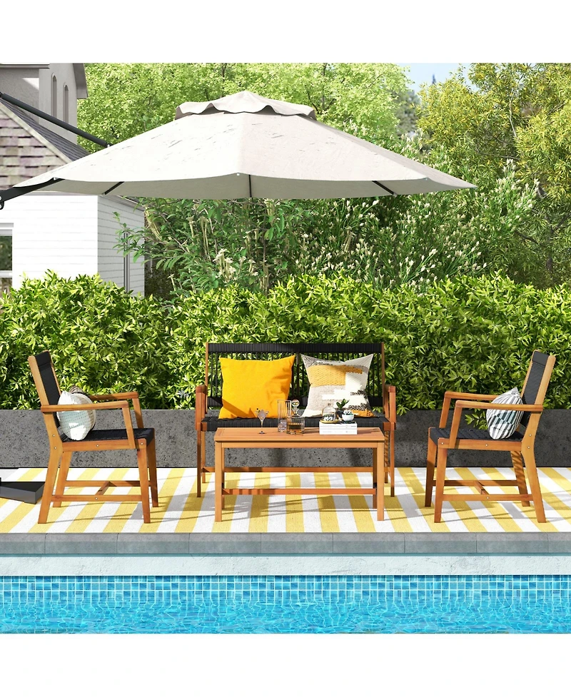 4 Pieces Acacia Wood Patio Conversation Table and Chair Set with Hand Woven Rope