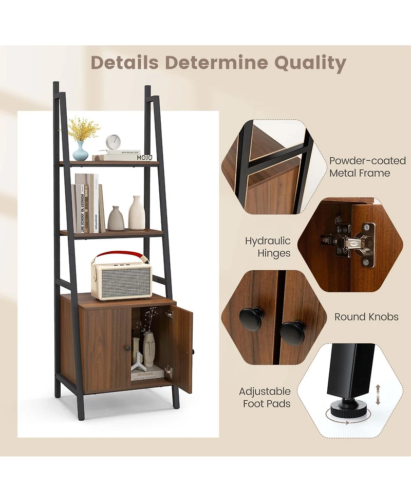 2 Pcs Ladder Shelf Industrial Bookcase with Cabinet Metal Frame for Living Room