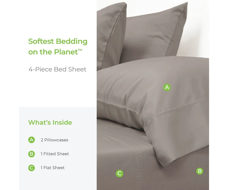 Cariloha Retreat 4-Piece Sateen Sheet Set | Coastal Gray | Cal King | Lyocell Material | Breathable, Corner Straps, Extra soft & Cooling